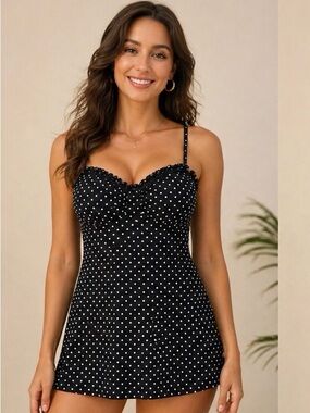 Coco Rave Womens Polka Dot Underwire Swim Suit Dress Black M/L 34/36 C CUP